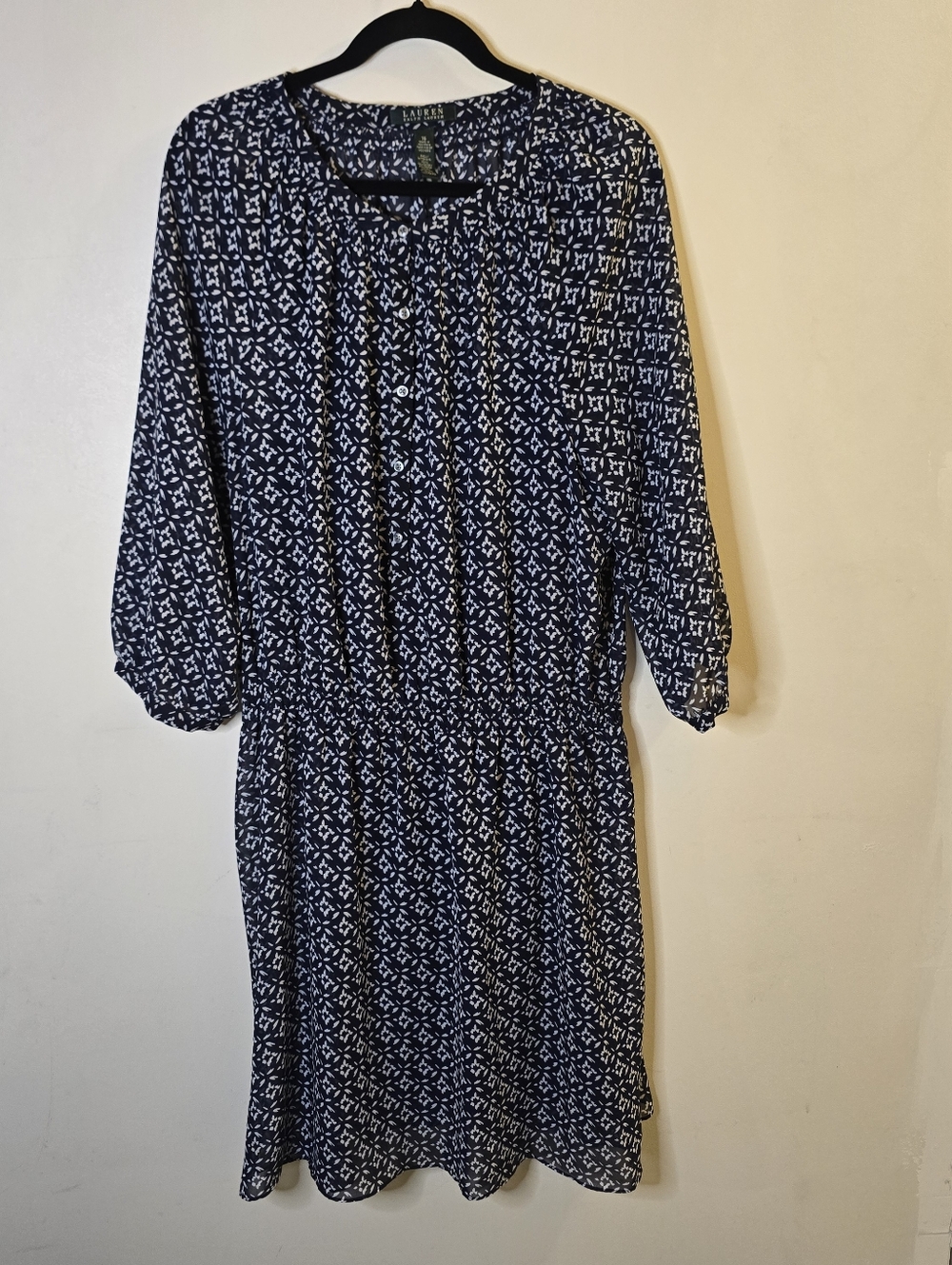 Lauren Ralph Lauren Sheer Tunic Dress Navy Blue White Womens 16